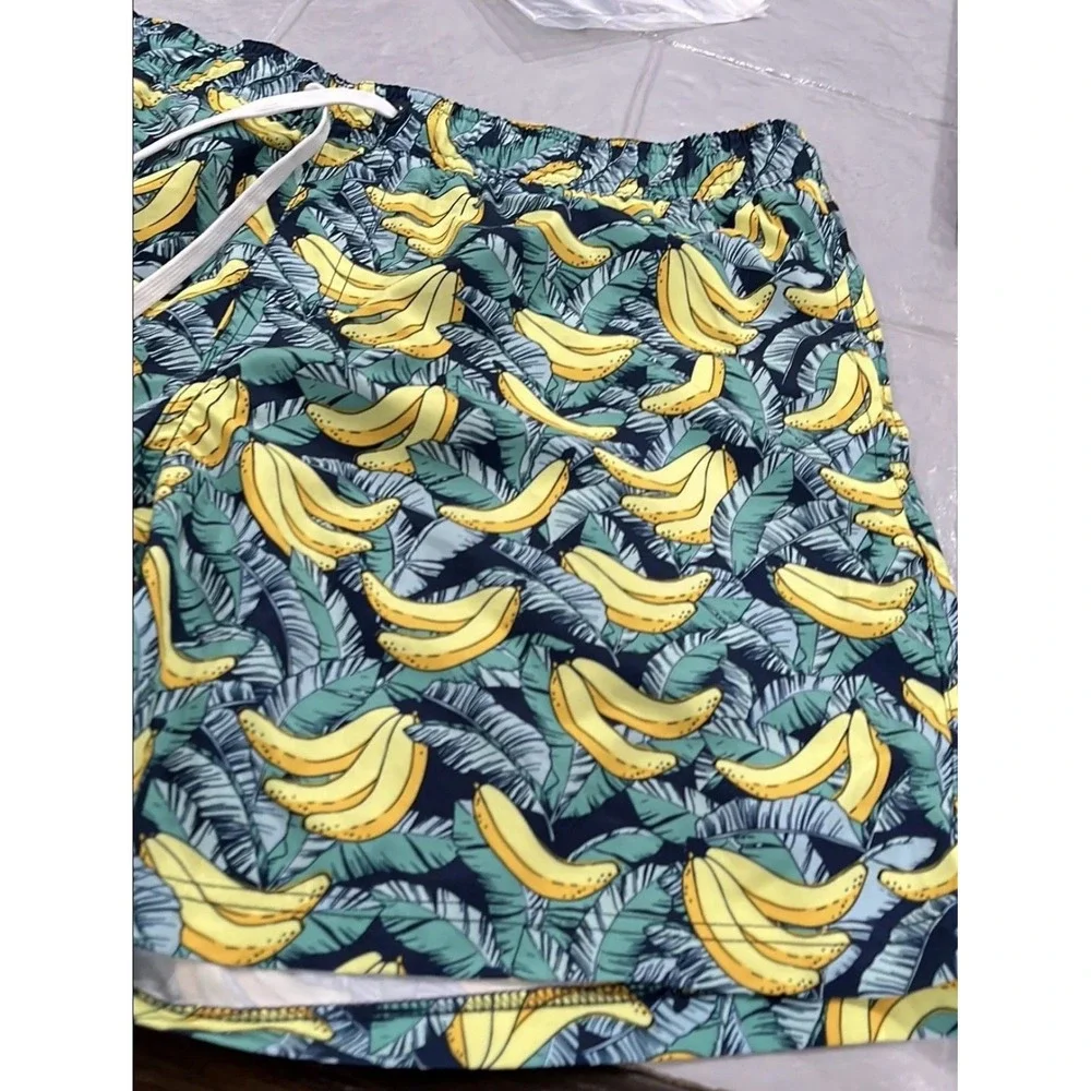 Resort Swim Trunks Mens XL Blue Banana Print  4-Way Stretch Quick Dry UPF 50